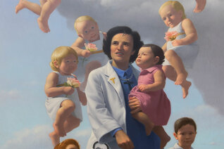 St. Gianna Beretta Molla is depicted surrounded by “Gianna babies,” children whose births were attributed to her intercession.