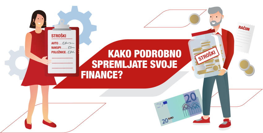 Grafika z moškim in žensko, ki prikazuje nasprotujoče osebnosti pri upravljanju s stroški. Napis: Kako podrobno spremljate svoje finance?