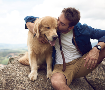 Pes z lastnikom počiva na skali - simbolna slika za pohodništvo s psom