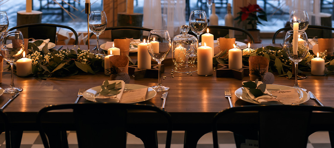 A large table decorated for the holidays