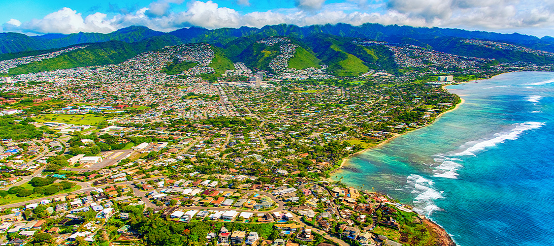 An aerial shot of a Hawaiian island