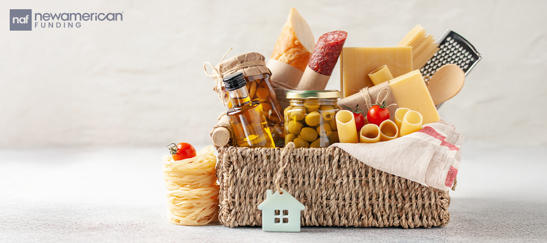 A gift basket stuffed with food.