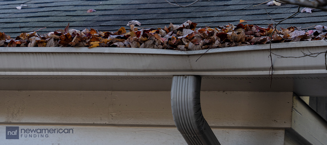 A gutter clogged with leaves.