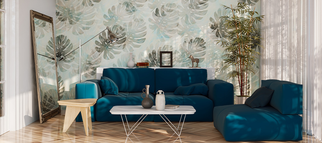 Sitting area with bold wallpaper