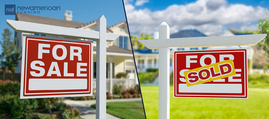 A split image of a For Sale sign on one side next to a For Sale sign with a sold sticker over it.