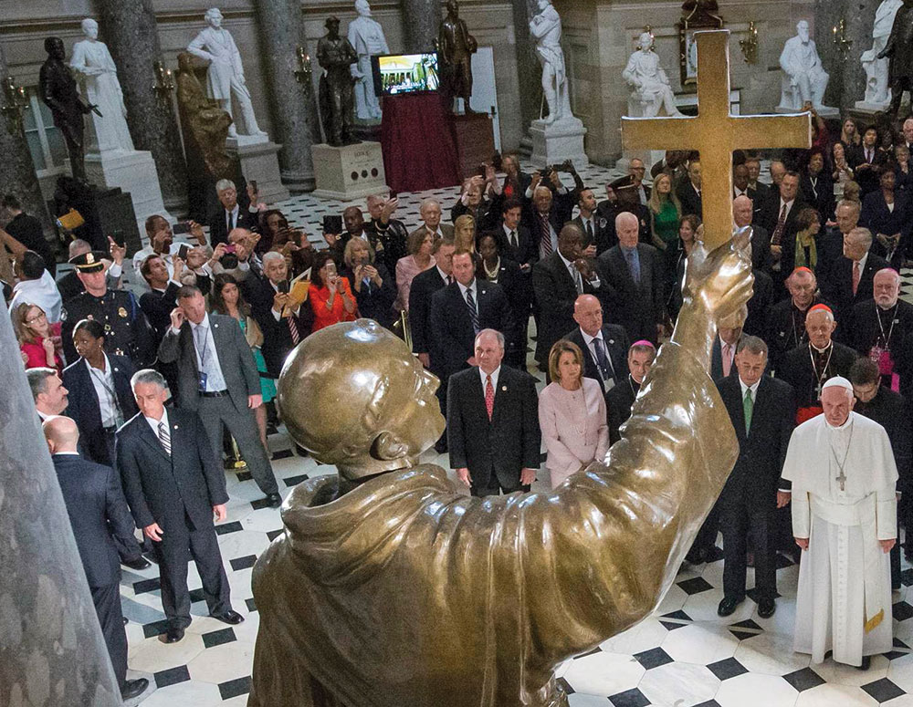 Pope Francis views the sculpture of St. Jun&iacute;pero Serra in Statuary Hall at the U.S. Capitol Sept. 24, 2015