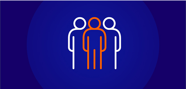 A white and orange line-art icon on a dark blue background showing a group of three stylized people, with the central person outlined in orange and the two surrounding people in white, symbolizing mentorship or leadership.