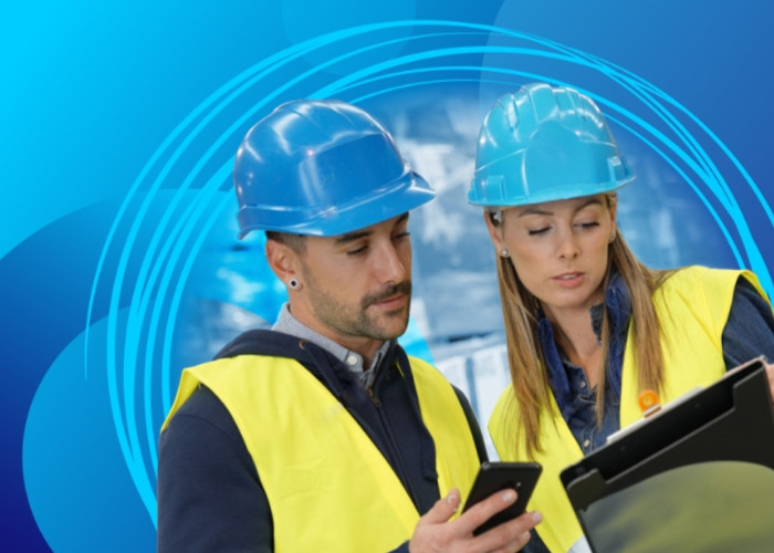 Two people in hi-vis vests and hard hats, looking at a clipboard. Decorative circles in background