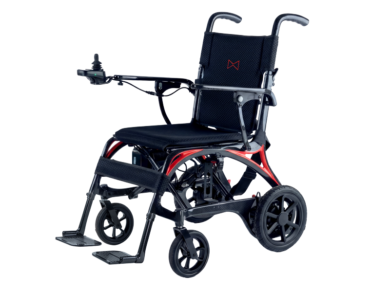 Monarch Ezifold Fold Carbon powered wheelchair with a lightweight folding frame, joystick control, padded seat, rear push handles, footrests and large rear wheels.
