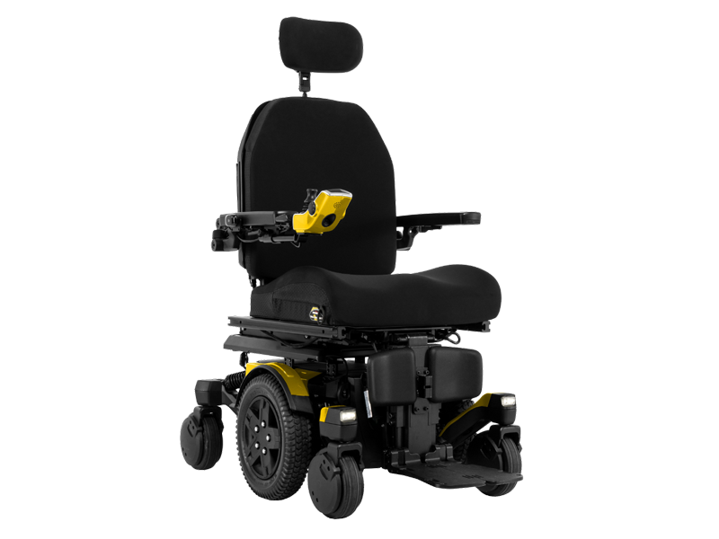 Quantum Edge 4 powered wheelchair with a high-back seat, adjustable headrest, yellow joystick controller, mid-wheel drive base and front and rear castor wheels.