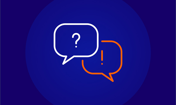 Two speech bubbles on a dark blue background. The left bubble is white outline and contains a question mark. The right bubble is orange outline and contains an exclamation mark.