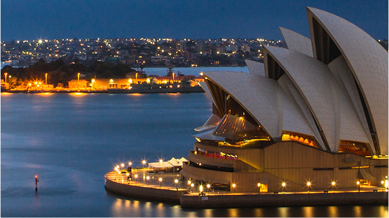 Sydney Opera House by the harbor at dusk, representing Australia and New Zealand region