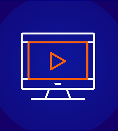 Illustration of a computer monitor with an orange play button, symbolizing video content.