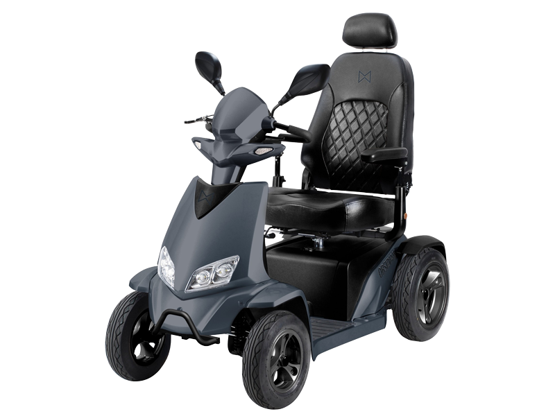 Monarch Obsidian mobility scooter with high-backed quilted seat, headrest, mirrors and front headlights, finished in dark grey and shown at an angle on a white background.