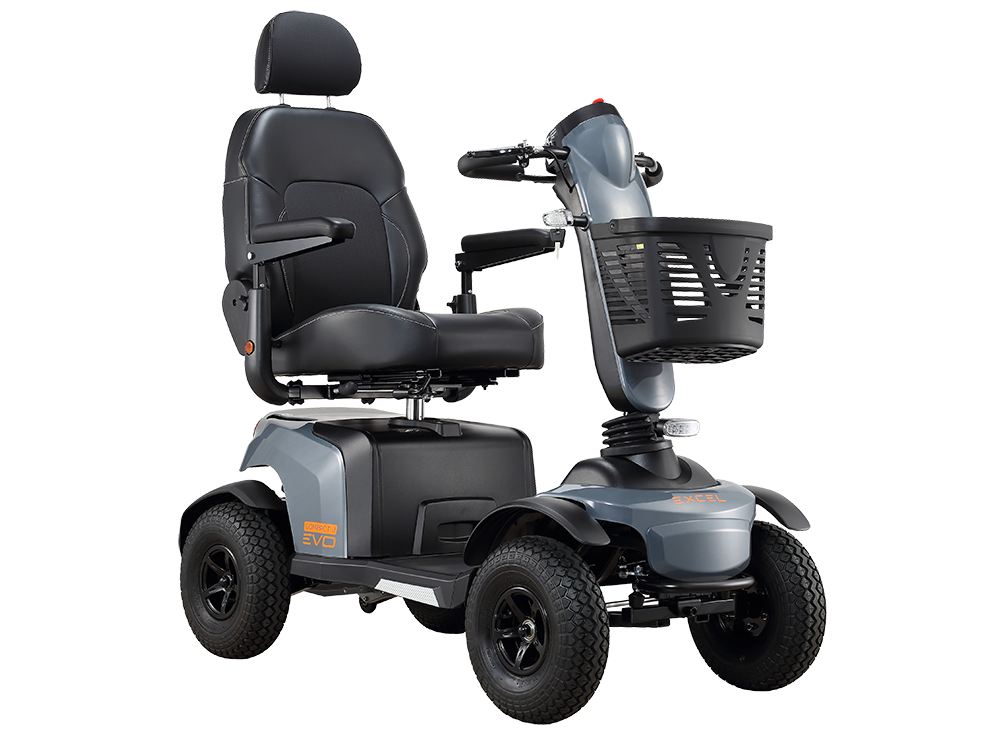 Excel Galaxy Compact II Evo mobility scooter in grey, with a padded seat, armrests, front basket and four rugged wheels for outdoor use.