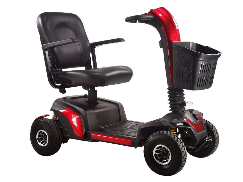 Excel Mobility Move four wheel mobility scooter with black padded seat and armrests, red and black body, front basket and chunky tyres, shown on a white background.