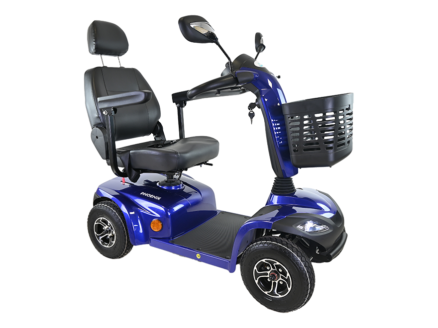 One Rehab Phoenix mobility scooter in metallic blue with padded seat, armrests and front basket, shown at an angle on a white background.