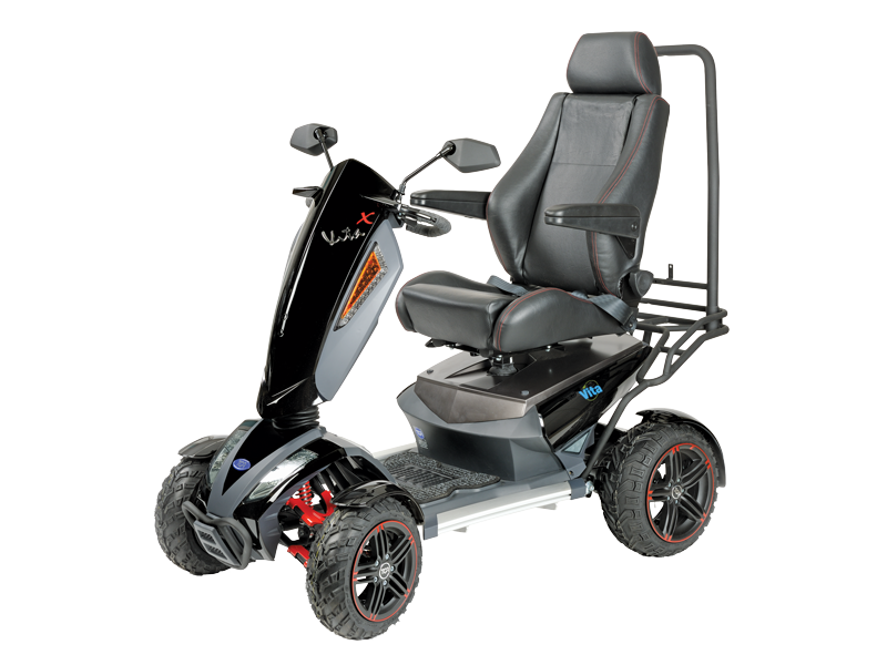 TGA Vita X four wheel mobility scooter with high backed padded seat, armrests and headrest, black and grey frame with rugged tyres and front suspension, shown on a white background.