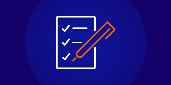 White outline icon of a checklist on a paper with three checkmarks and an orange outline of a pen writing, set against a dark blue background.