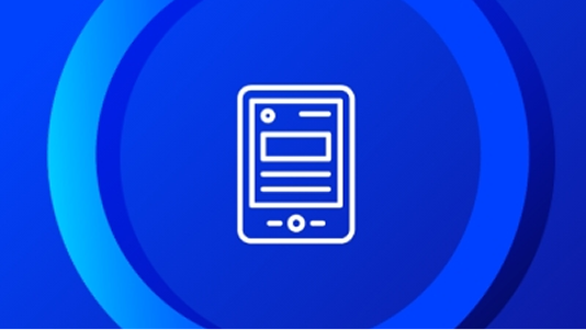 White outline icon of a mobile phone or tablet displaying a web page or e-book text, centered within concentric blue rings on a dark blue background.