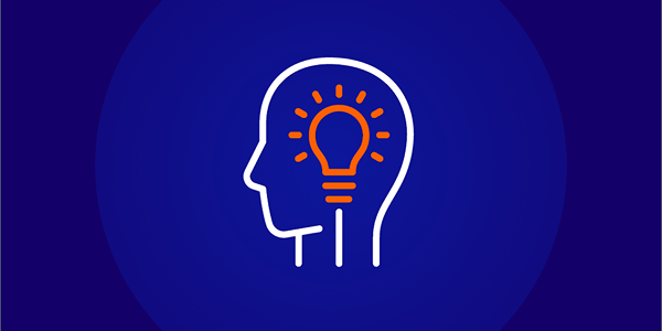 White outline icon of a human head in profile with an orange glowing lightbulb inside, representing ideas, innovation, or learning, set against a dark blue background.