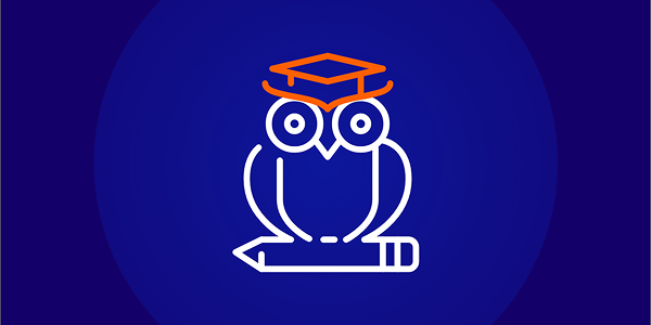 White outline icon of an owl wearing an orange graduation cap and sitting on a pencil, symbolizing knowledge and self-study, set against a dark blue background.