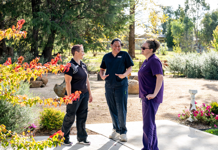 Three people stand outdoors on a sunny day, smiling and talking. They are surrounded by trees, shrubs, and colorful flowers in a garden-like setting, with sunlight filtering through the foliage.