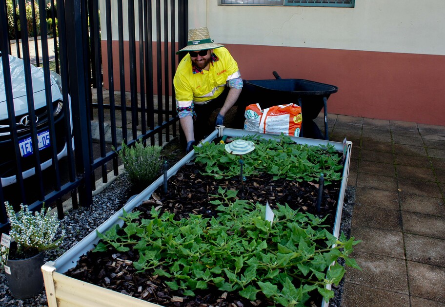 A male bends down next to a vegetable garden. He wears a Coates jacket, hat and sunglasses.