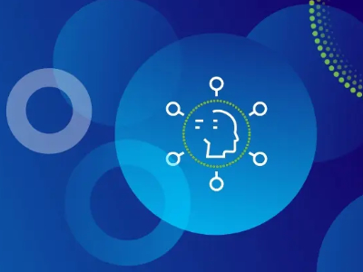 Outline illustration of a human head icon surrounded by six small interconnected circles, set against a dark blue background with several large, blurred blue and transparent circles.