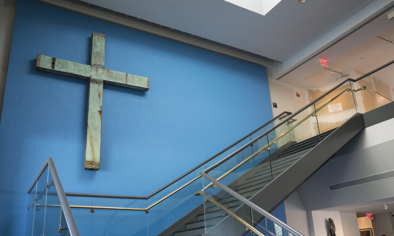 Displayed in the lobby of the Blessed Michael McGivney Pilgrimage Center is 400-year-old cross from atop St. Peter's Basilica. 