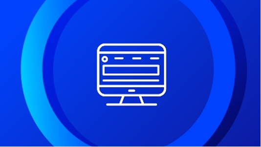 A graphic featuring a white outline icon of a desktop computer with a web page displayed, centered within concentric blue circles, suggesting e-learning or online courses.
