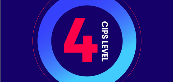 Graphic with the number 4 and text “CIPS Level” on a dark blue background with a circular gradient