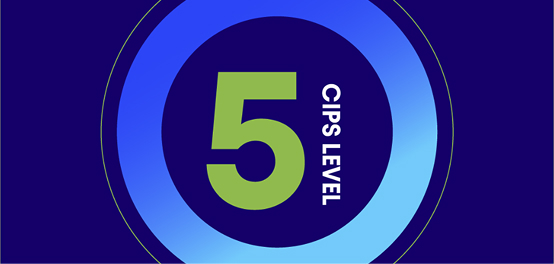 Stylized graphic showing a large green '5' with the text 'CIPS LEVEL' vertically alongside it, set against concentric blue and light green rings on a dark background.