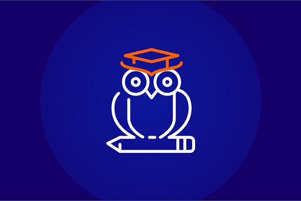 White line-art icon of a wise owl wearing an orange graduation cap, perched on a white pencil, set against a dark blue circular background.