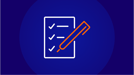 An icon of a white checklist or document with three checked items and a pen with an orange cap or outline next to it. This represents meeting criteria or a successful review.
