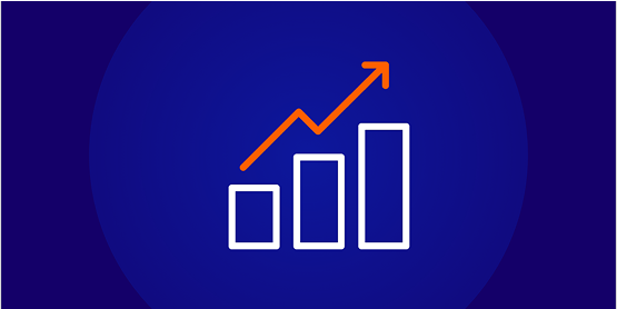 Line-art icon of a bar chart with an orange arrow trending sharply upwards, representing performance improvement or exam results, set against a dark blue background.