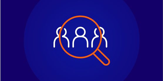 Line-art icon of a magnifying glass with an orange rim focused on a row of people icons, representing student performance tracking or reports, set against a dark blue background.