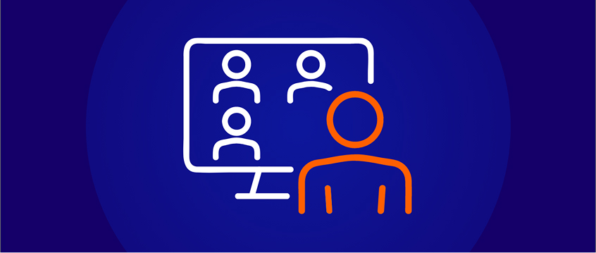 White line-art icon depicting a video conference or online lesson, with an orange figure representing the trainer or speaker in the foreground and a computer screen showing four participant icons in the background.