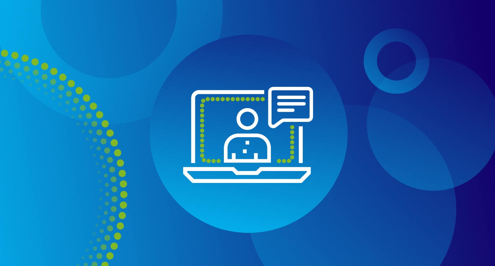 Icon of a person inside a laptop with a speech bubble to indicate they're talking.