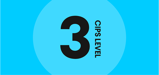 A large black number 3 on a bright teal background, with the text CIPS LEVEL written vertically along the right side.