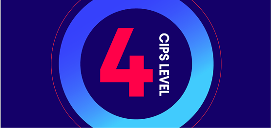 A large red number 4 centered within a blue-to-light blue gradient ring on a dark blue background, with the text CIPS LEVEL written vertically along the right side.