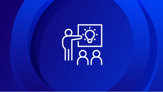 A white line-art icon on a blue background showing a stylized person presenting a whiteboard with a lightbulb icon (idea) to a small group of two attendees, symbolizing study or learning options.