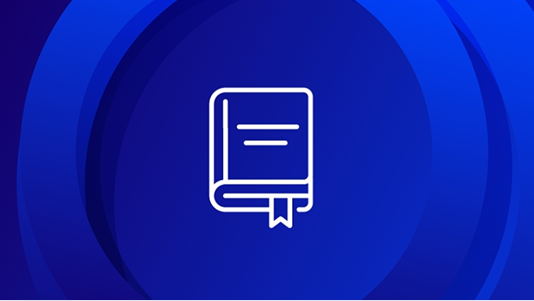 A white line-art icon on a blue background showing a closed book with a bookmark sticking out, symbolizing study resources.