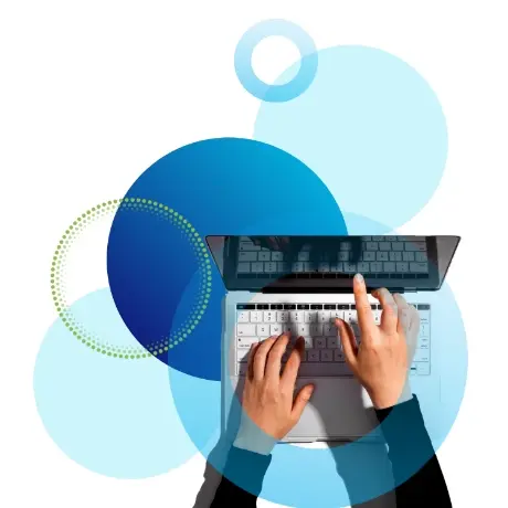 Overhead shot of hands typing on a laptop, surrounded by overlapping, abstract blue and cyan circular shapes.