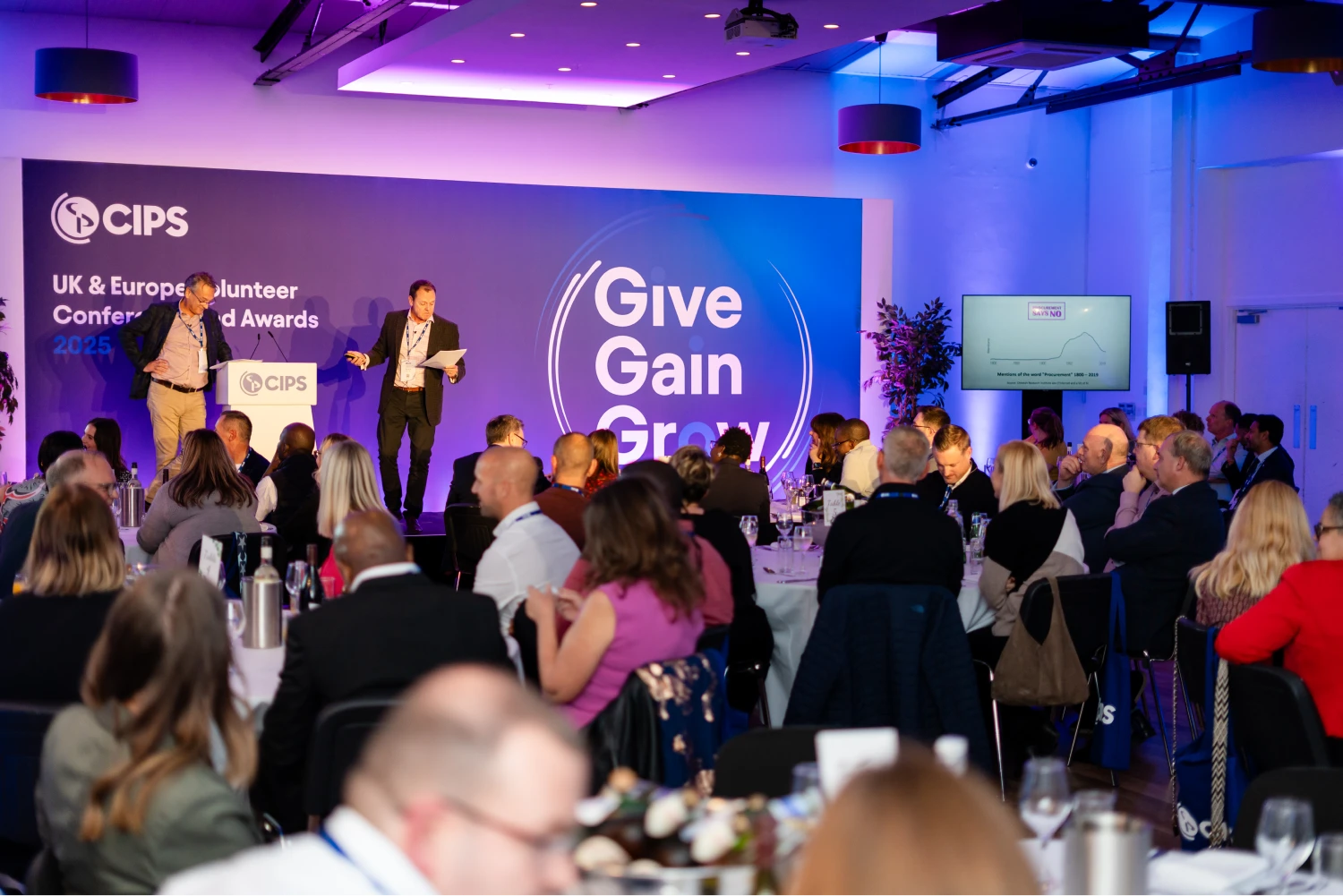 Two male presenters standing on a stage in front of a CIPS UK & Europe Volunteer Conference and Awards 2025 banner that reads 'Give Gain Grow.' They are addressing a large audience seated at round tables in a conference room.