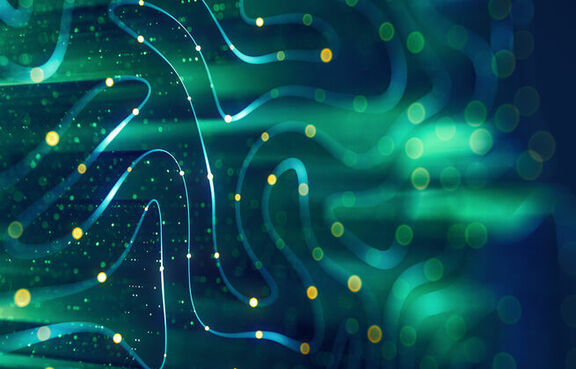 digital artwork with flowing lines and light particles