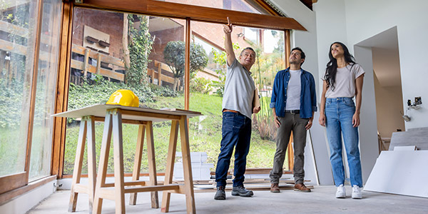 An older Hispanic man and a younger Hispanic man and woman stand talking in a home that is under construction