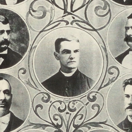 Detail of a black and white print depicting Father McGivney and incorporators of the Knights of Columbus.