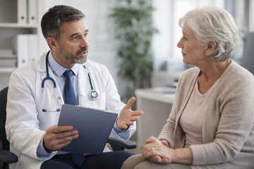 A doctor sits across from a patient with MG.