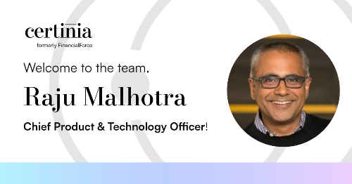 Text reads ‘Welcome to the team, Raju Malhotra, Chief Product and Technology Officer!’ with a headshot of Raju Malhotra